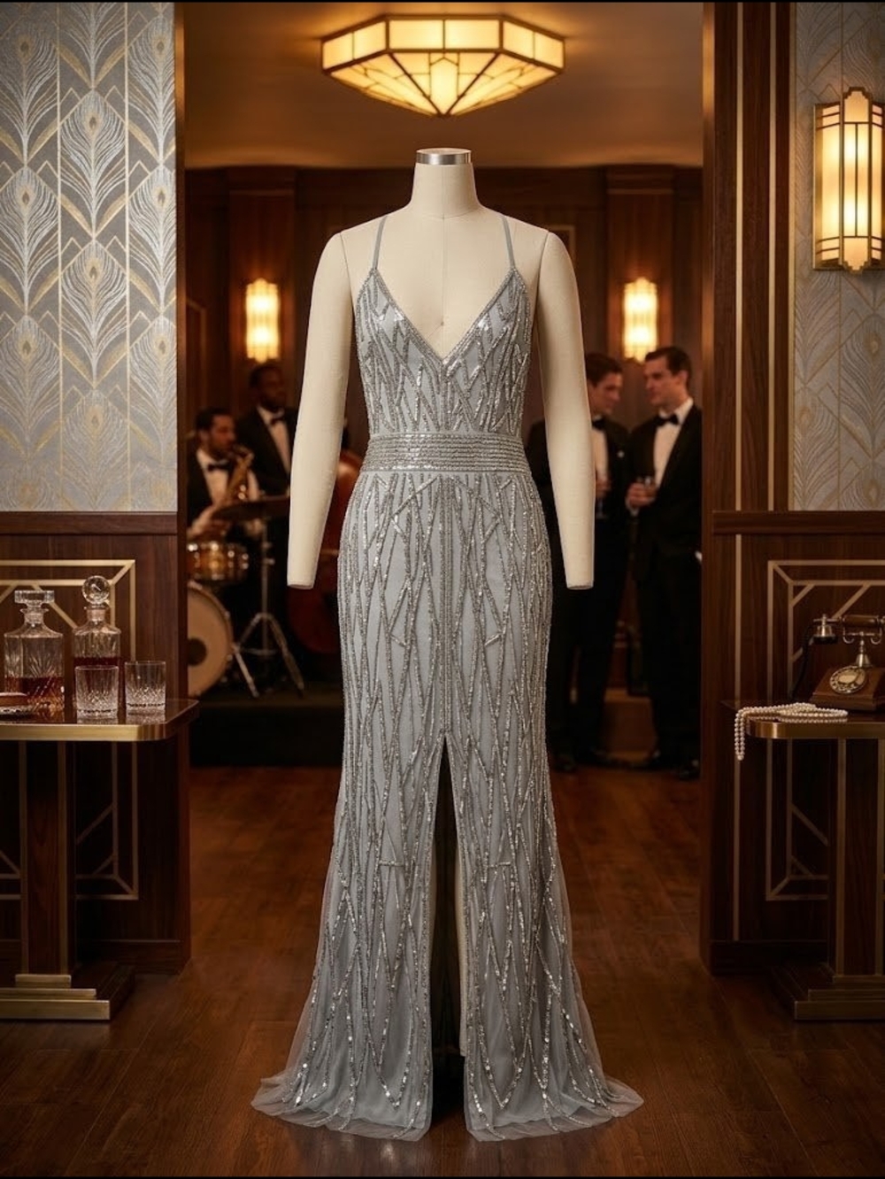 Silver Beaded Spaghetti-Strap Evening Gown - Great Gatsby Inspired